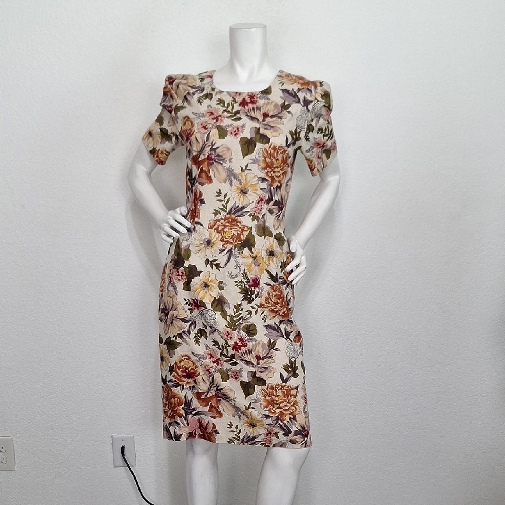 Casual Corner Multi Floral Vintage Cottagecore Linen Blend Sheath Dress Size 6